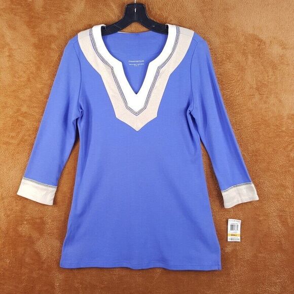CHARTER CLUB Womens Top Small Blue Pullover Tunic Gold White Trim Side Slit - Picture 1 of 8